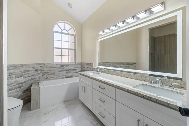 a bathroom with a double vanity sink a toilet and a mirror