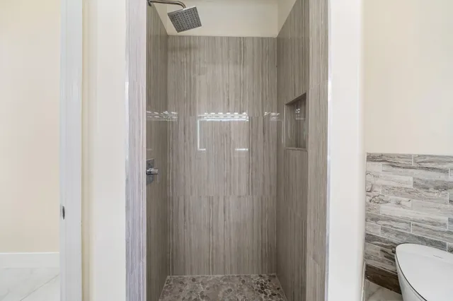 a bathroom with a shower and a toilet