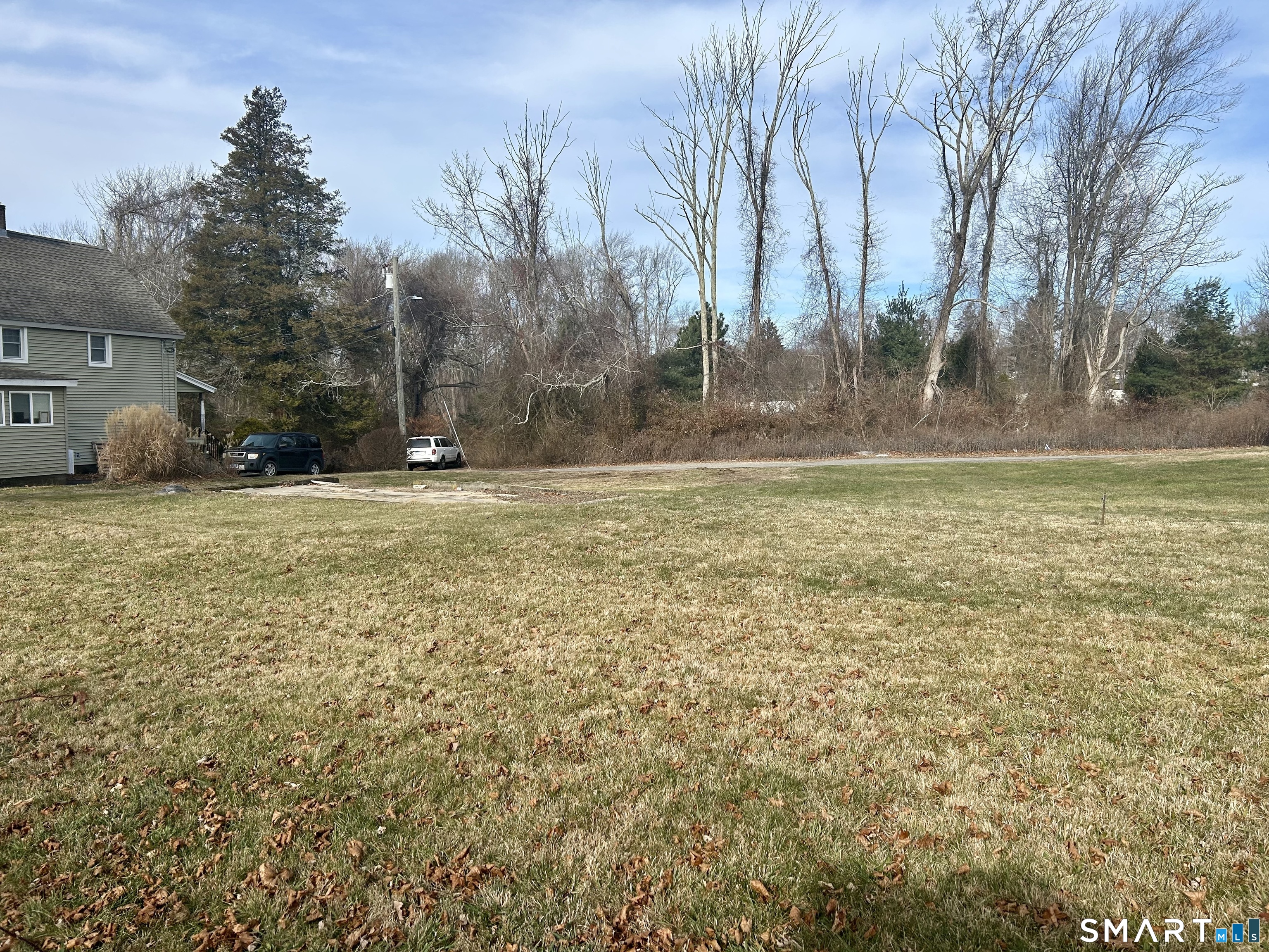 a view of a field with trees in the background