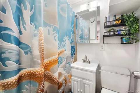 a bathroom with a sink mirror and vanity