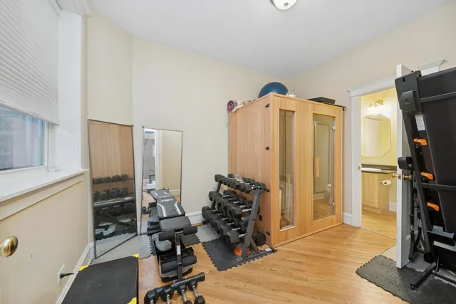 a view of a room with gym equipment