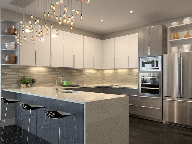 236 South Racine Avenue, Unit 303 Chicago, IL 60607 - Photo 3 of 11 a kitchen with kitchen island granite countertop stainless steel appliances and a counter space