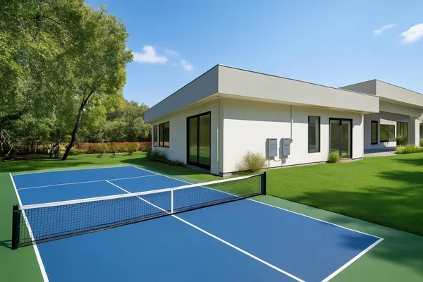 a view of a tennis ground with large trees