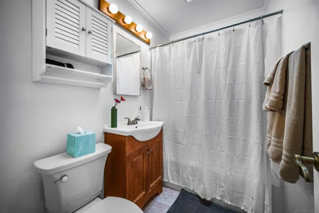a bathroom with a sink a toilet a mirror and shower curtain