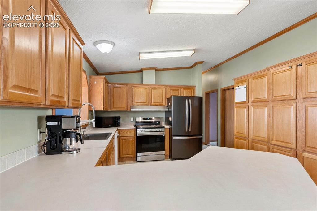 1350 South Calhan Highway Yoder, CO 80864 - Photo 20 of 45 Kitchen featuring extensive wood cabinetry, light-toned countertops, and a full suite of stainless steel and black appliances