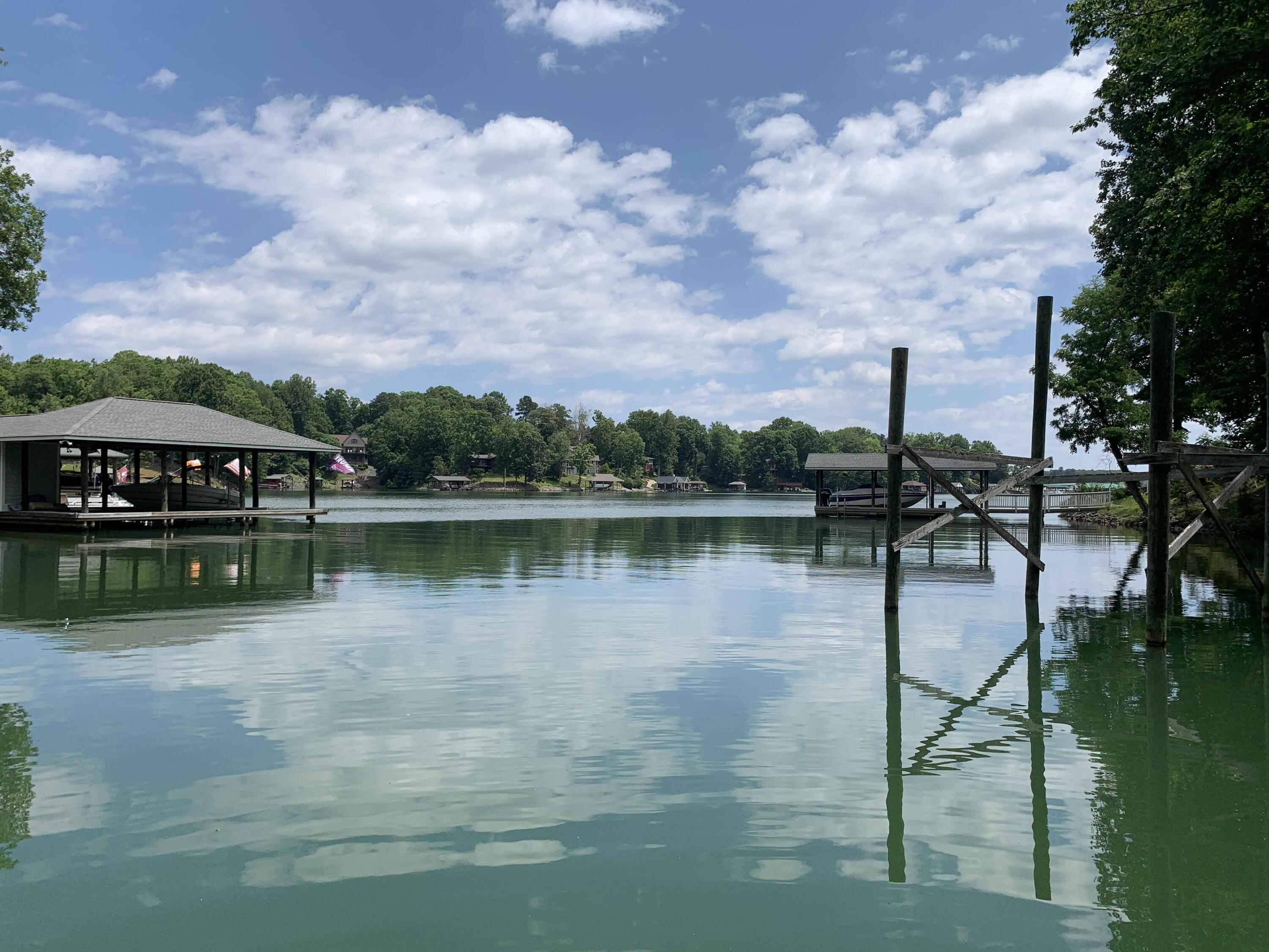 a lake view with houses in back