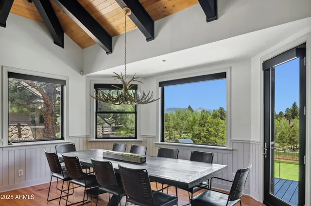 a view of a dining room with furniture window and outside view