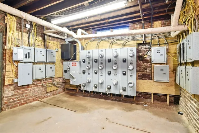 an aerial view of a building with street view