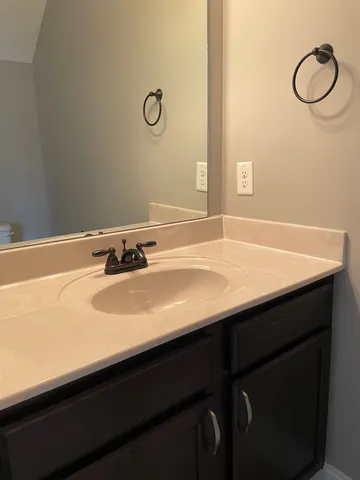 a bathroom with a sink vanity and a mirror