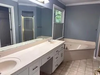 a bathroom with a bathtub sink and mirror
