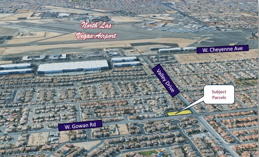 Gowan Road North Las Vegas, NV 89032 - Photo 1 of 6 Aerial overview highlights the subject parcels positioned near major roadways and regional transit centers.