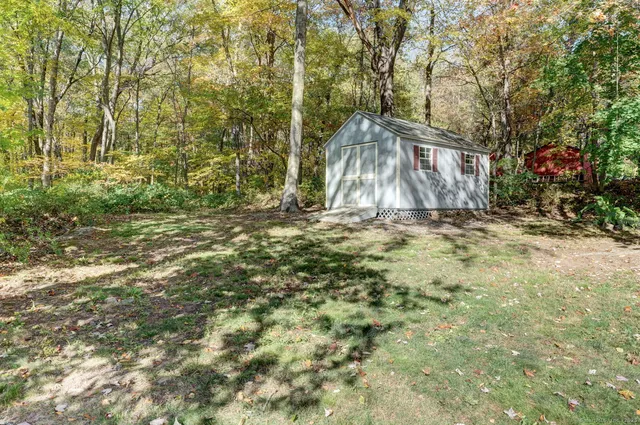 a view of a backyard with large trees