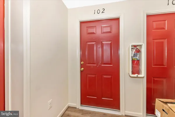 view of front door with wooden door