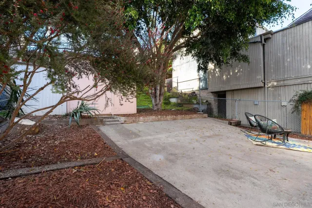 a view of a backyard with large tree
