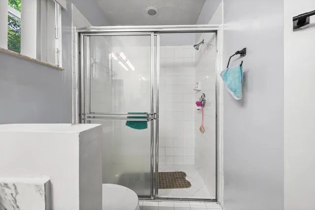 a bathroom with a shower and toilet