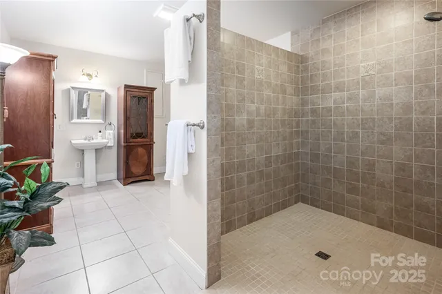 a bathroom with a bathtub and a shower