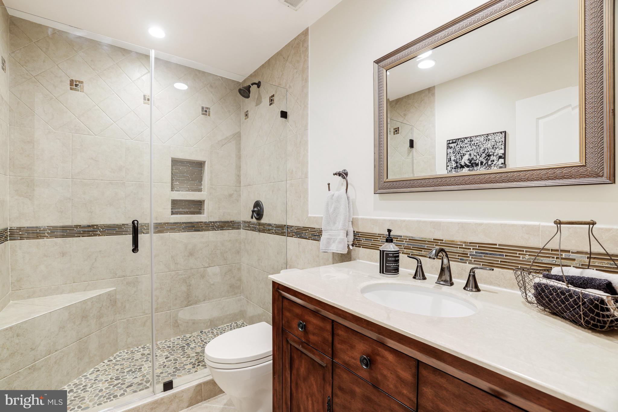 1127 Bellview Road McLean, VA 22102 - Photo 51 of 67 a bathroom with a sink a toilet a mirror and shower