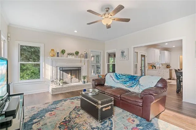 a living room with furniture ceiling fan and a rug