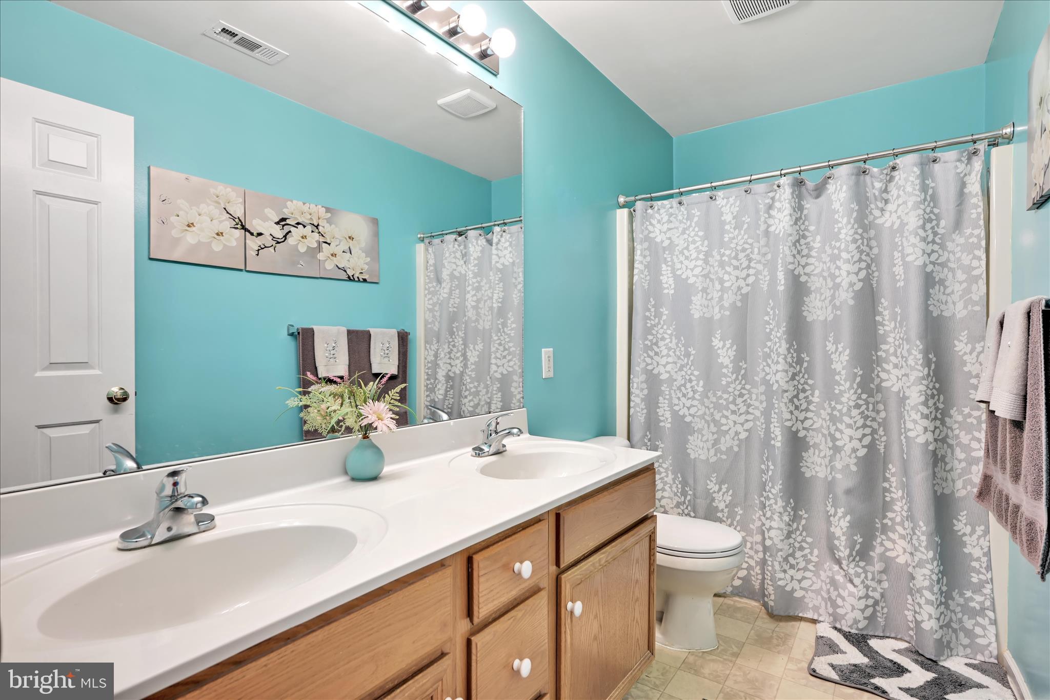 160 Riders Way Lebanon, PA 17042 - Photo 19 of 29 a bathroom with double vanity sink a toilet a mirror and shower curtain