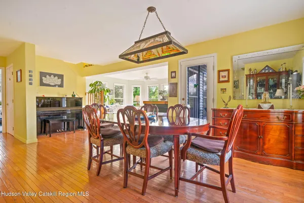 a view of a dining room with furniture window and wooden floor