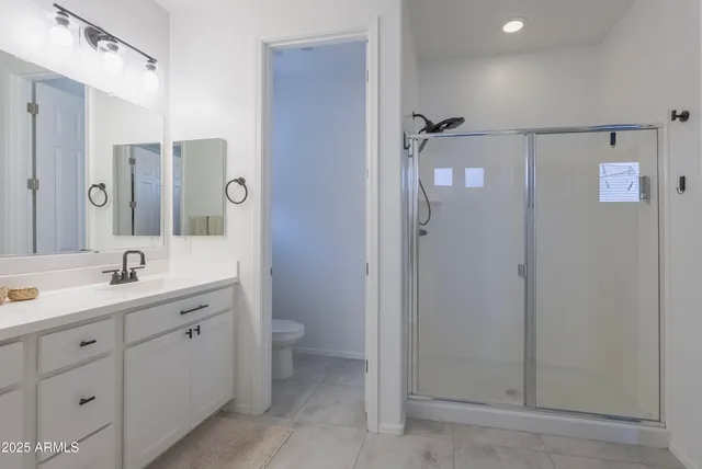a bathroom with a double vanity sink a toilet and shower