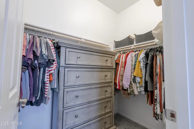 a view of walk in closet with clothes and shoes