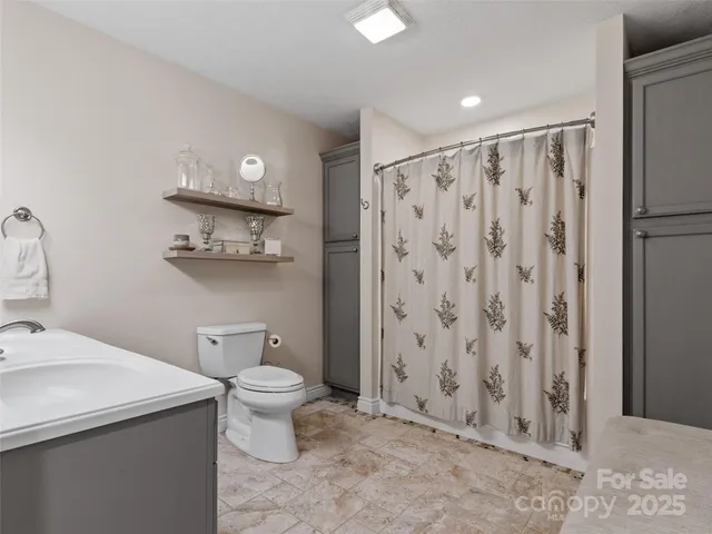 a bathroom with a sink a toilet and shower curtain