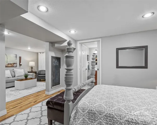 a bedroom with furniture and wooden floor