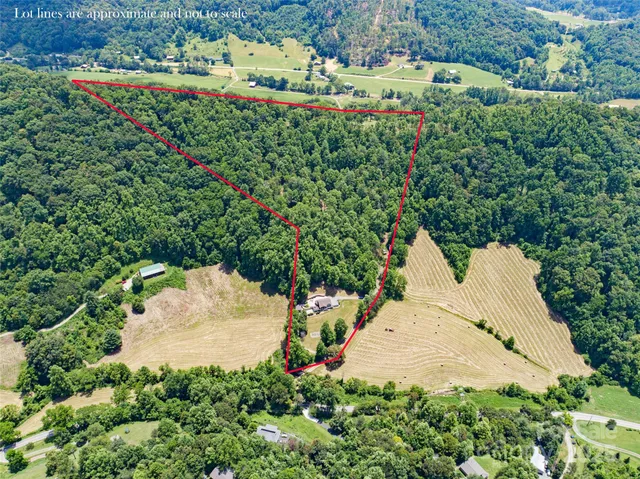 an aerial view of a house with a yard and garden