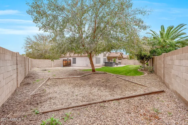 a backyard of a house with potted plants and large tree