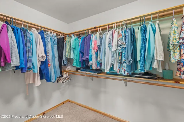 a view of walk in closet with clothes