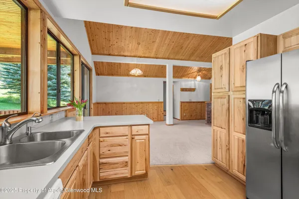 a kitchen with a refrigerator and a sink