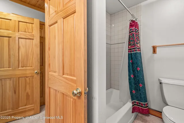 a bathroom with a toilet and shower curtain