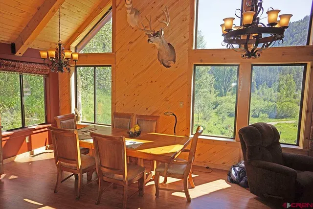 a view of a dining room with furniture window and outside view