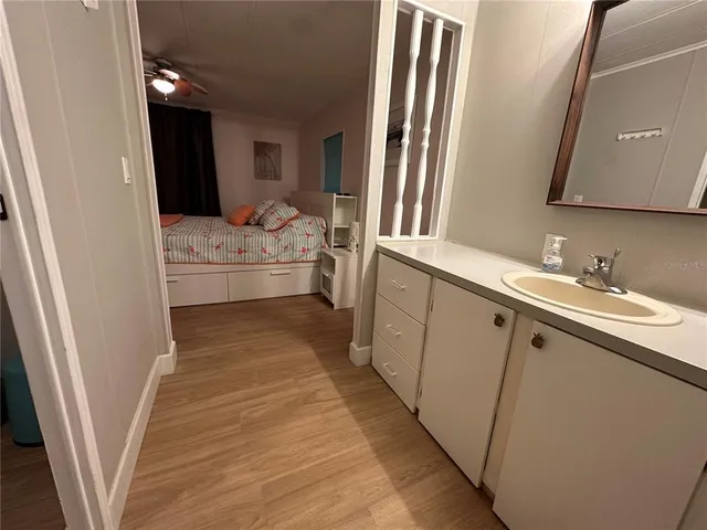 a bathroom with a sink a mirror and a bathtub