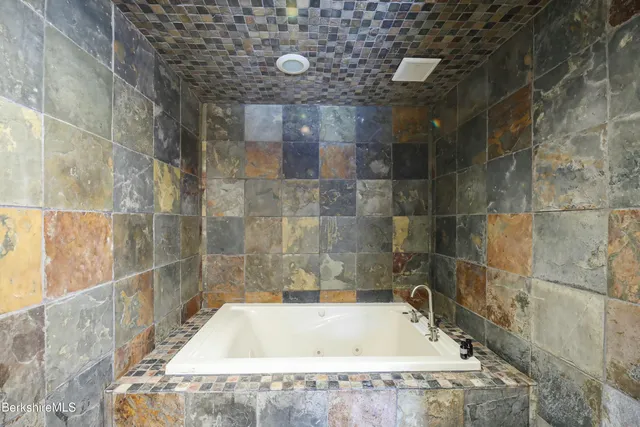 a bathroom with a bathtub and shower