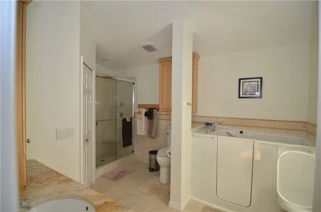a bathroom with a shower and toilet