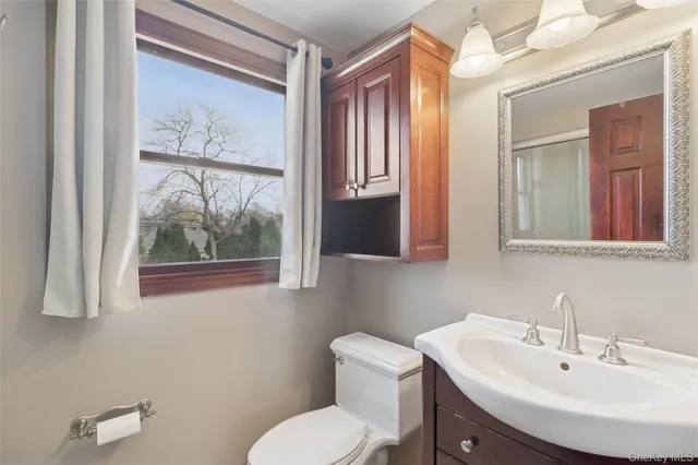 a bathroom with a toilet sink and mirror