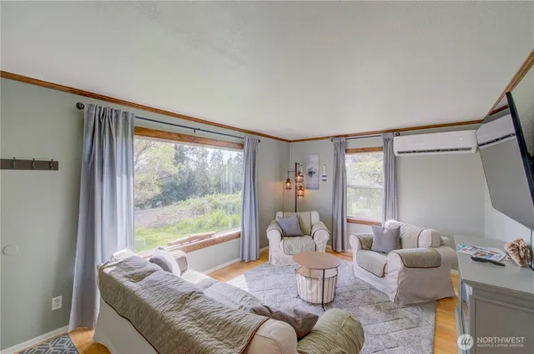 a living room with furniture and a large window
