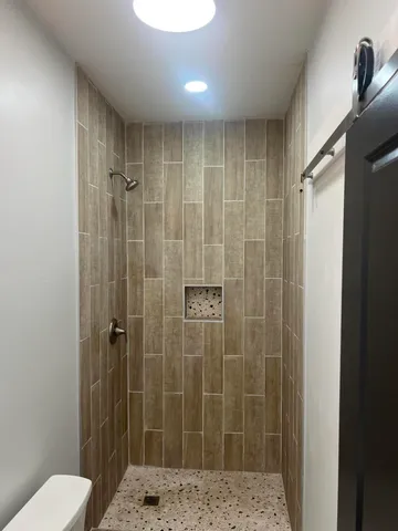 a bathroom with a shower and toilet