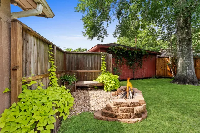 a garden view with a seating space