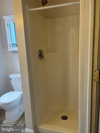a bathroom with a shower and a toilet