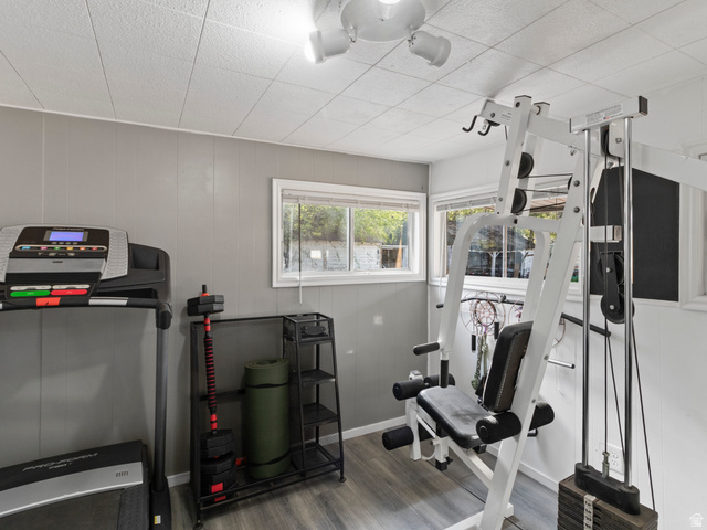 158 East 300 South Logan, UT 84321 - Photo 18 of 25 Workout room with dark wood-style floors and wooden walls