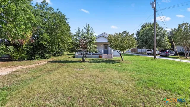 a view of a park with large trees