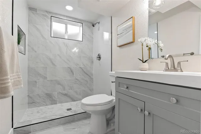 a bathroom with a sink a toilet and shower