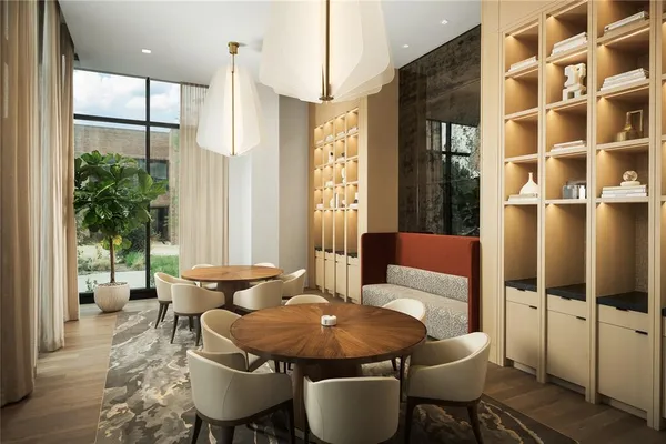 a view of a room with a chandelier