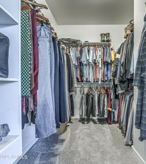 a view of walk in closet with clothes