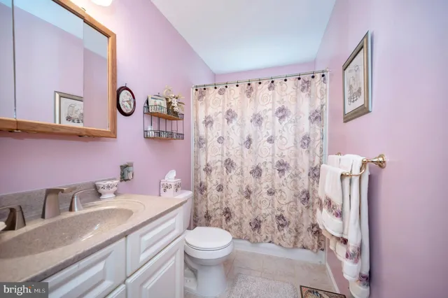 a bathroom with a granite countertop sink toilet and a mirror
