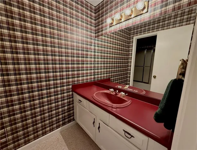 a bathroom with a sink and a shower