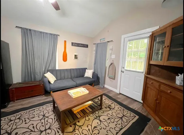 a living room with furniture and a rug